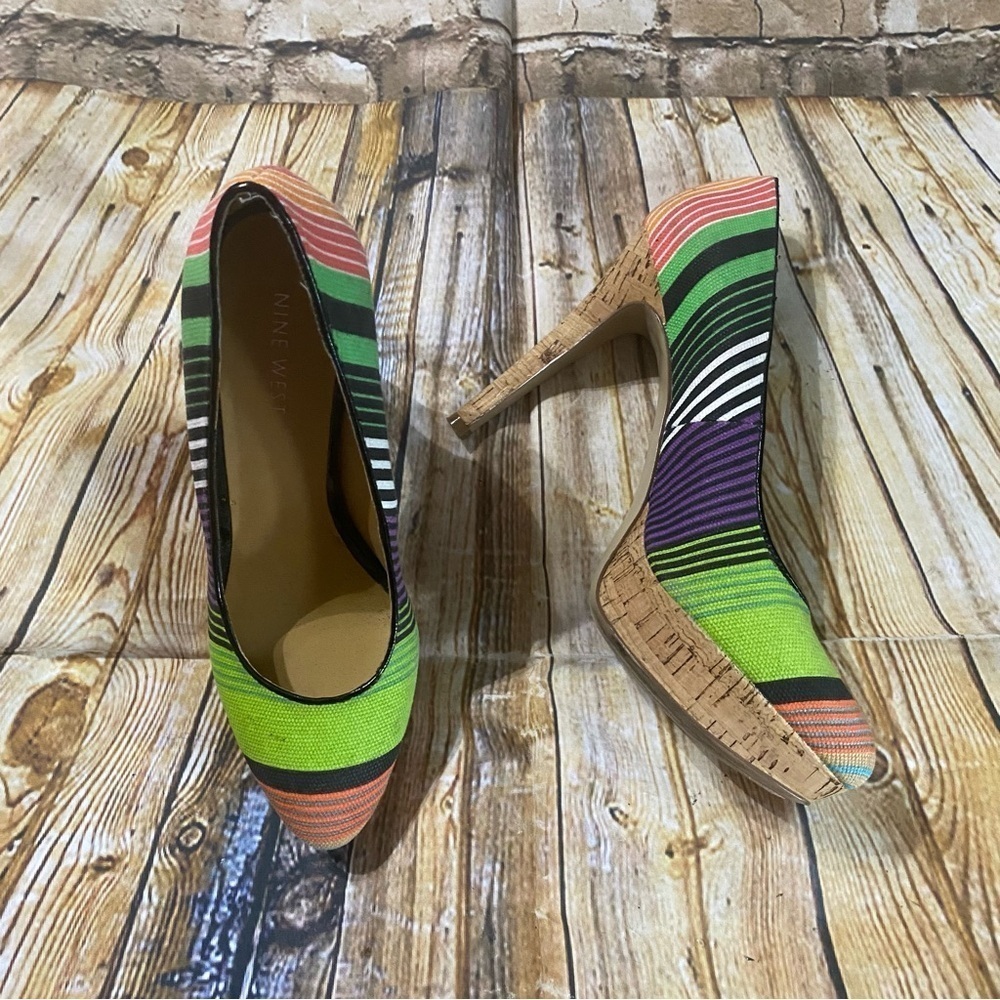 Nine West Green Multicolor Striped Cork Stilletto High 4” Heels
